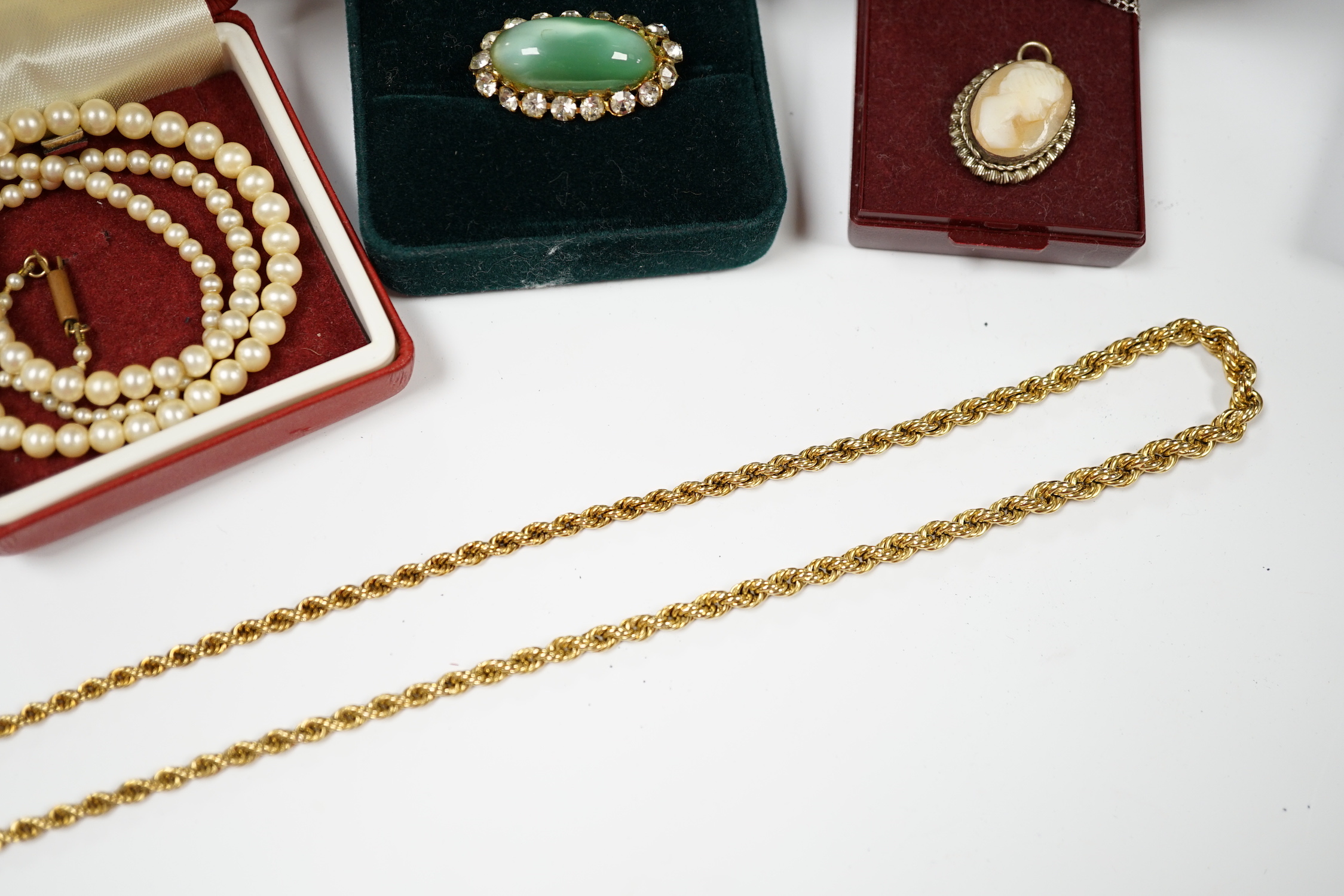 A modern 9ct gold rope twist chain, 44cm, 10 grams and a quantity of other assorted mainly costume jewellery, together with a late Victorian silver belt buckle.